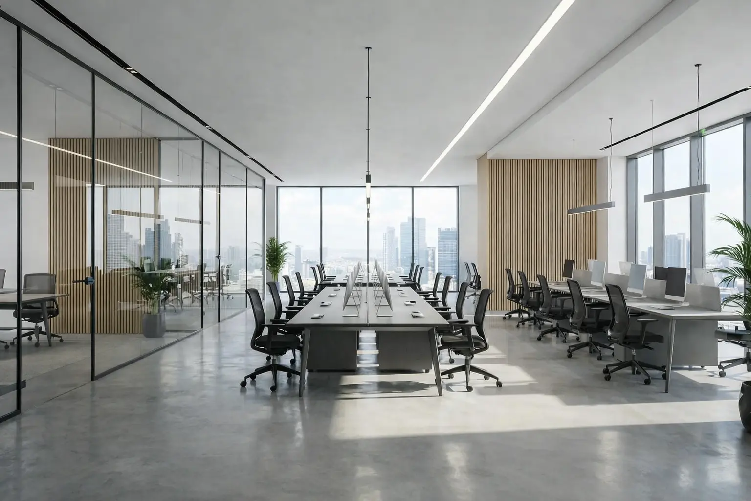 Modern open-plan office interior with glass partitions,